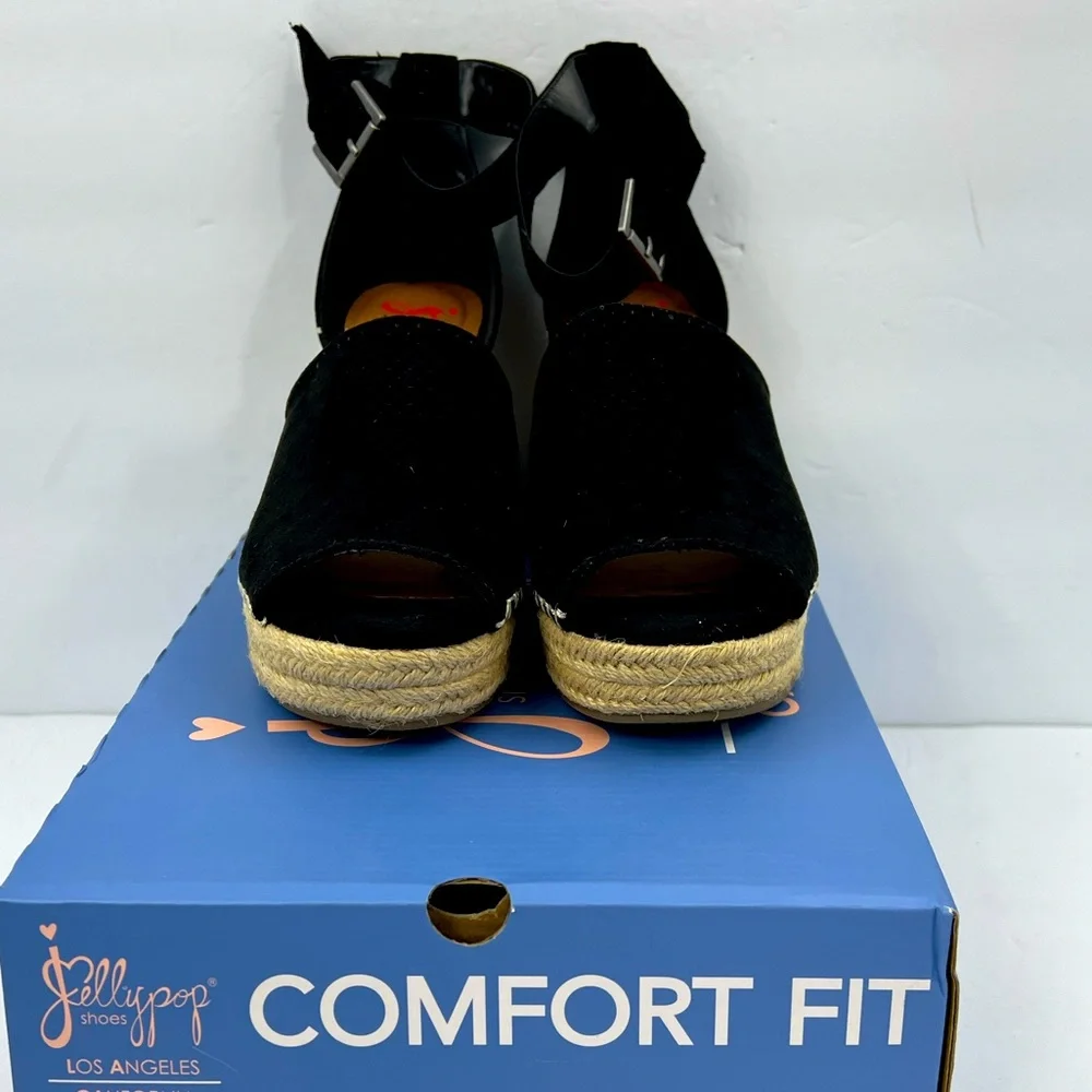 JELLYPOP, RAVISHING BLACK ESPADRILLE, PEEP TOE, WEDGES ADJUSTABLE ANKLE LOOP,10M - Picture 2 of 16